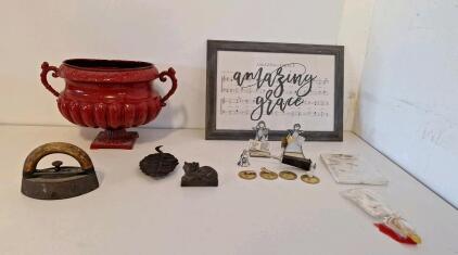 (1) Vintage Iron Flat Sad Iron W/ Wood Handle, (1) Large Metal Planter & Assorted Home Decor, In FN-B