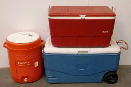 Used Igloo Red 48-Quart Ice Chest Cooler with Side Handles, Gott Water Cooler, Blue/White Cooler W/2 Wheels