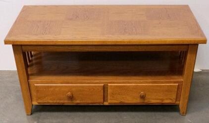 Mission Style Oak Coffee Table with 2 Drawers, Open Shelf, Slatted Sides, Parquet Top,