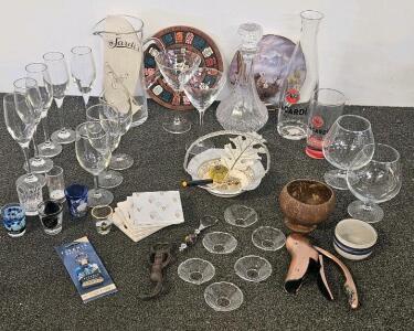 Assorted Collectible Shot Glasses &ndash; Lot of 6, Travel Souvenirs, Novelty & Crystal Glass, Decanter, Wine Glasses and More (shelf C)