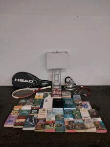 Table Lamp, Kettle, Stethoscope, Tennis Racket, & Various Books(Location K)