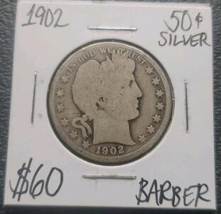 1902 Barber Half Dollar, 90% Silver, Philadelphia Mint, 30.6mm Diameter, Circulated Example