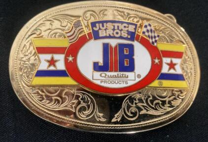 Collectable Justice Bros. Decorative Belt Buckle with Flags and Scrollwork