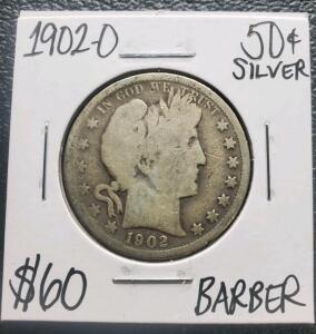 1902-O Barber Half Dollar 90% Silver, New Orleans Mint, 2.5M Mintage, Charles E. Barber Design