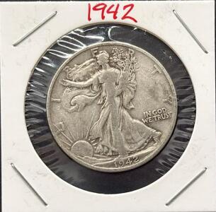 1942-S Walking Liberty Half Dollar, 90% Silver, San Francisco Mint, Circulated
