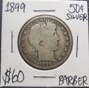 1899 Barber Half Dollar 90% Silver, Philadelphia, 50&cent; U.S. Coin, Circulated