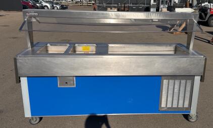Precision Refrigerated Serving Counter with 3 Wells, Stainless Steel, Sneeze Guard, Casters