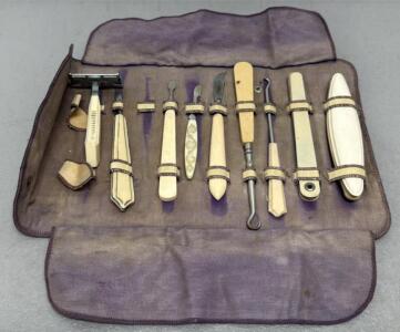 Vintage 1940s-1950s Men's Travel Grooming Kit with Leather Case and 11 Tools