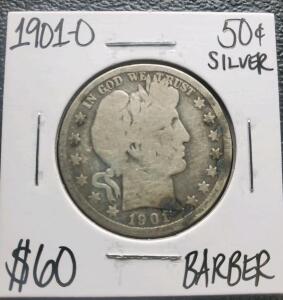 1901-O Barber Half Dollar, 90% Silver, New Orleans Mint, Circulated, Charles E. Barber Design