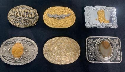 Western Belt Buckle Lot &ndash; Frontier Hotel Las Vegas, Eagle, Boots, Horseshoe, Agate Inlay, Set of 6
