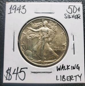 1943 Walking Liberty Half Dollar Silver Coin, 50c, 0.3617 troy oz, US Mint, XF-AU Estimate