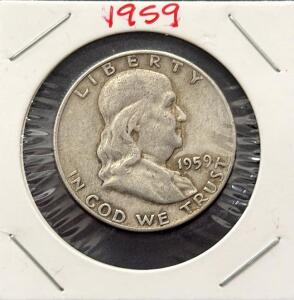 1959-D Franklin Half Dollar, 90% Silver, Denver Mint, Circulated, Liberty Bell Design