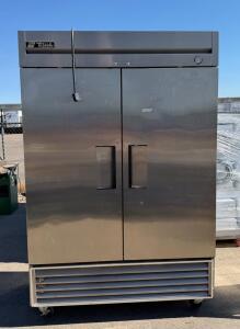 True T-49F 2 Door Upright Commercial Freezer, 54in Stainless, 49 cu ft, Casters, Shelves