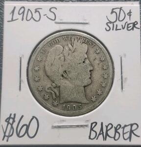1905-S Barber Half Dollar, San Francisco Mint, 90% Silver, Key Date, 662,000 Mintage