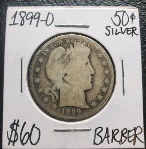 1899-O Barber Half Dollar, 90% Silver, New Orleans Mint, Circulated, Historic U.S. Coin