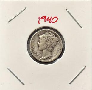 1940 Mercury Dime, 90% Silver, Philadelphia Mint, Winged Liberty Head Design