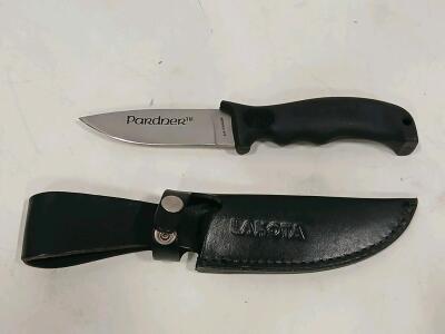 LAKOTA Pardner&trade; Fixed Blade Knife, 440 Stainless Steel, 4" Blade, Black Synthetic Handle, Leather Sheath