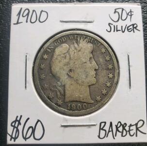 1900 Barber Half Dollar, 90% Silver, Circulated, US 50&cent; Coin, Charles E. Barber Design