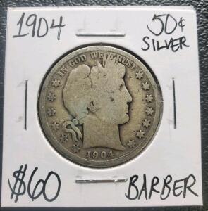 1904 Barber Half Dollar, 90% Silver, 30.6mm Diameter, $60 Market Value