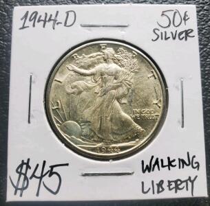 1944-D Walking Liberty Half Dollar 90% Silver, Denver Mint, 12.50g, Circulated