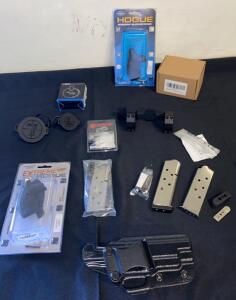 Handgun & Rifle Accessory Lot: Hogue Grips S&W, Kimber Magazines, Galco Holster, SCAR QD Mount