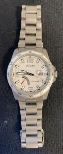 Citizen Eco-Drive Solar Quartz Men&rsquo;s Watch, Stainless Steel, Date, Power Reserve, Silver Dial