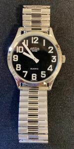 ARSA Men's Swiss Quartz Watch, Stainless Steel Case and Expansion Band, Black Dial