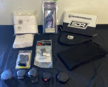 Firearm Accessories Lot: Galco Holster, Maglula UpLULA Loader, HK Floorplate, Diamondback Case, Allen Socks, Vortex/Butler Creek/AGC Covers