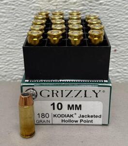 Grizzly 10mm Auto 180gr KODIAK JHP Ammunition &ndash; 20 Round Box, 1350 fps, 728 ft lbs