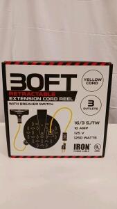 Iron Forge Cable 30ft Retractable Extension Cord Reel, 16/3 SJTW, 10A, 125V, 1250W, 3 Outlets, UL