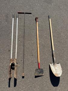 Manual Post Hole Digger, Soil Probe, Garden Hoe, and Shovel Set &ndash; Steel & Wood Handles