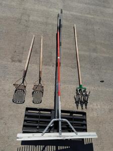 Set of Manual Landscaping Tools: Two Rakes, Rotary Cultivator, and Aluminum Leveling Bar