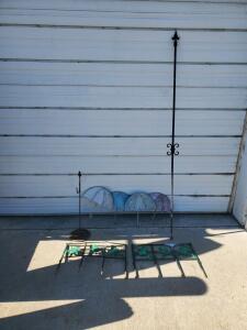 Mixed Metal Garden Decor Lot &ndash; Wrought Iron Stakes, Frog Fence Panels, Umbrella Wall Hooks