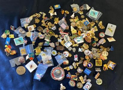 Large Mixed Lot 130 Collectible Lapel Pins &ndash; Brands, Sports, Travel, Enamel & Cloisonn&eacute;