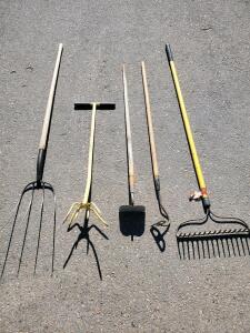 Lot of 5 Garden Tools: Pitchfork, Landscape Rake, Stirrup Hoe, Cultivator, Standard Hoe