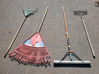 Set of 4 Assorted Garden & Landscape Rakes: Leaf Rake, Plastic Rake, Leveling Rake, Bow Rake