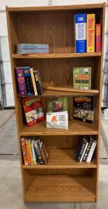 Oak 5-Shelf Wooden Bookcase, 72"x36"x12", Fixed Shelves, Used, Bowed Shelves - Books Including Unsolved Series- Movie Guides and More