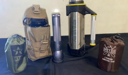 Maglite ML300L Flashlight, Stanley 1.4qt Thermos, 2-Person Survival Tent, Titan Bivy, Water Kit