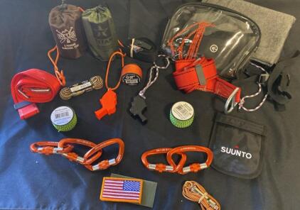 Comprehensive Outdoor Survival and Climbing Kit with 2-Person Mylar Tent, Carabiners, and Cordage ( Y )