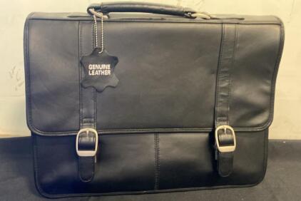 Black Genuine Leather Briefcase/Attache Case with Multiple Compartments and Buckle Closure ( Y )