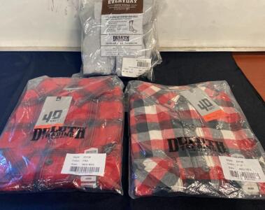 Duluth Trading Co. 40 Grit Men&rsquo;s Medium Regular Flannel Shirts (2) & 6 Crew Socks Lrg ( x )