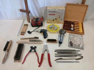 Large Lot: Milwaukee 18V Charger, ChestMate Dovetail Jig, Durofix Screwdriver, Wood Chisels, More