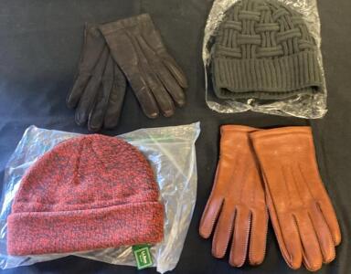 Leather / Deer Skin Gloves (Brown & Black) Med + L.L. Bean Red Knit Beanie & Gray Basket Weave Hat ( X )