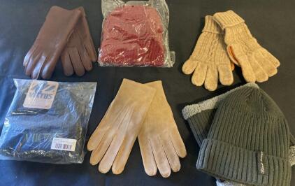 Winter Accessories Lot: 3 Knit Beanies (VIKTOS, Black lemon) & 3 Pairs Gloves &mdash; Adult Size ( X )