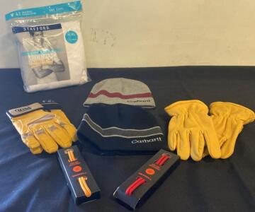 Workwear & Accessories Bundle: Petzl Cordex K53 Gloves L, Carhartt Beanies, Merrell 48" Laces, Stafford Crew Necks M (4-Pack) ( X )