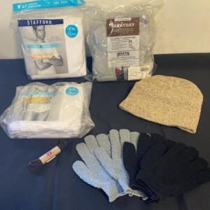 Stafford & Duluth Men's Medium Essentials Pack: 6 Briefs, 4 Tees, 6 Socks, Gloves, Beanie ( X )