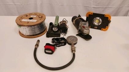 Mixed Tool Lot: Fiber Optic Cable, CAT LED Work Light, Angle Grinder, Gauges, Headlamps, Flashlight (Sp-9)