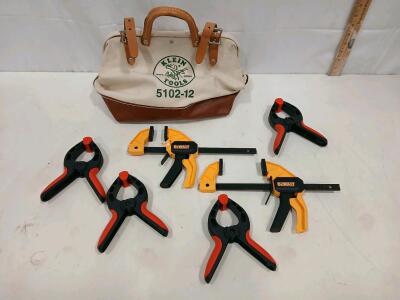 Klein Tools 5102-12 Canvas Tool Bag with 2 DeWalt Bar Clamps & 5 Spring Clamps, Assorted Sizes (sp-16)