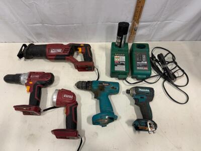 Makita & Chicago Electric Cordless Tool Lot &ndash; 5 Tools, 2 Chargers, 1 Battery, Mixed Voltages