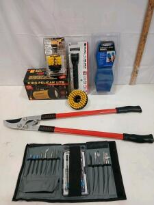 Mixed Lot: Maglite ML50LX, King Pelican Pro 4000 Flashlight, Drill Brushes, Ladder Covers, Tools